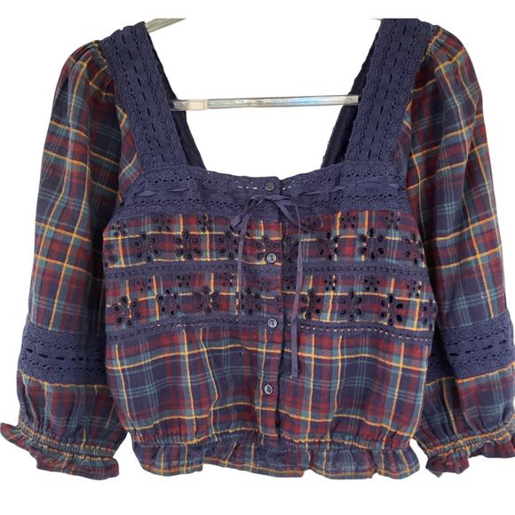 American Eagle Women's Sz Sm Plaid Cropped Blouse  CottageCore Peasant NWT - Picture 1 of 6
